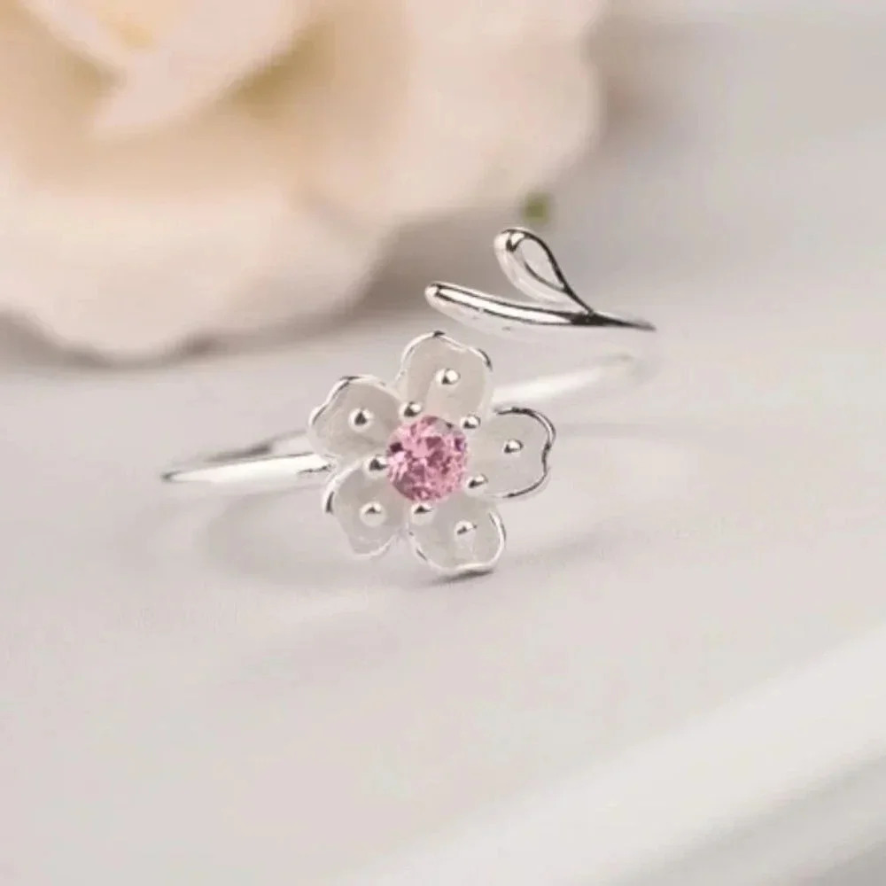 925 Sterling Silver Pink Cherry Blossom Ring